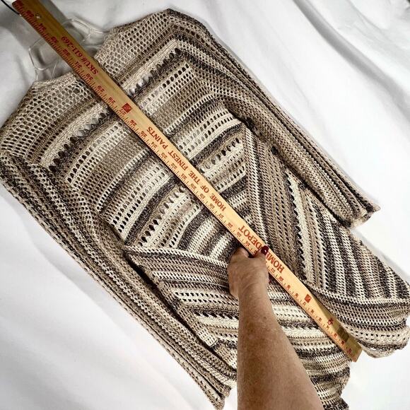 Style & Co Womens Crochet Sweater Medium Tan Beige Stripe Open Front Long Sleeve - Picture 11 of 11